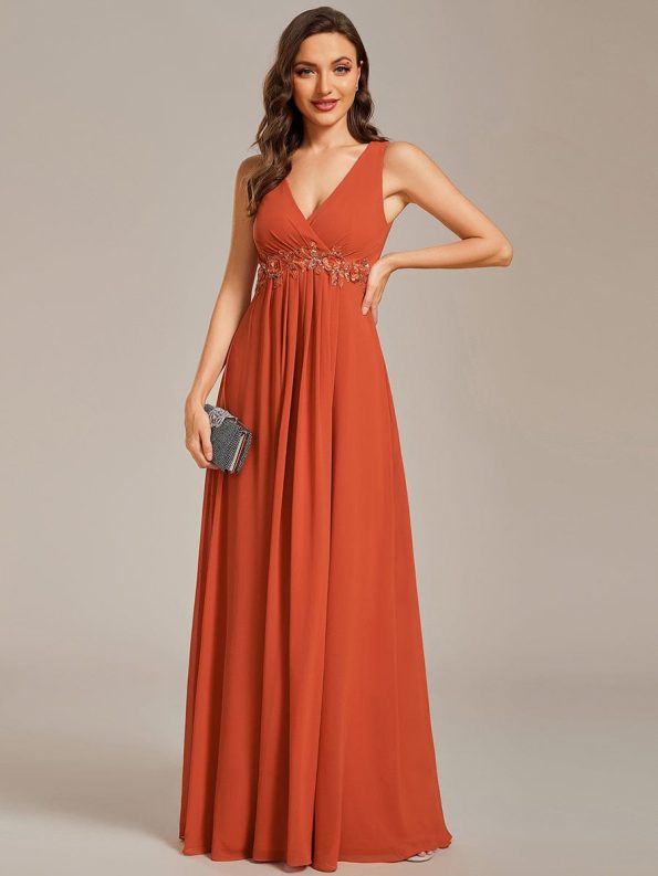 Floral Applique Sleeveless Chiffon Long Formal Evening Dress - Burnt Orange