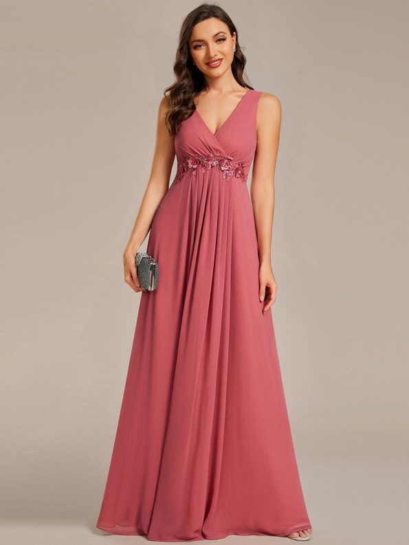 Floral Applique Sleeveless Chiffon Long Formal Evening Dress - Cameo Brown