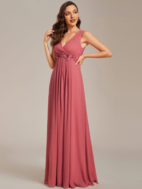 Floral Applique Sleeveless Chiffon Long Formal Evening Dress - Cameo Brown