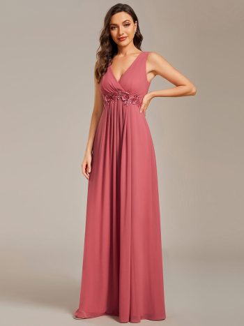 Floral Applique Sleeveless Chiffon Long Formal Evening Dress - Cameo Brown