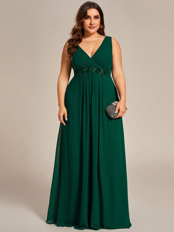 Floral Applique Sleeveless Chiffon Long Formal Evening Dress - Dark Green