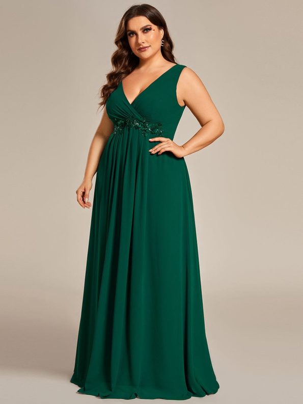 Plus Size Floral Applique Sleeveless Chiffon Formal Evening Dress - Dark Green