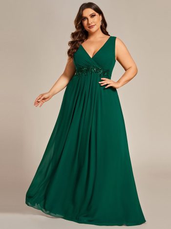 Plus Size Floral Applique Sleeveless Chiffon Formal Evening Dress - Dark Green