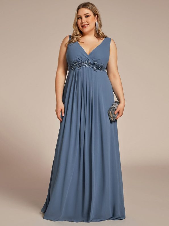 Floral Applique Sleeveless Chiffon Long Formal Evening Dress - Dusty Navy