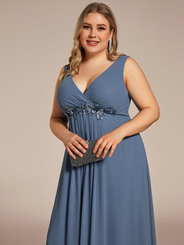 Floral Applique Sleeveless Chiffon Long Formal Evening Dress - Dusty Navy