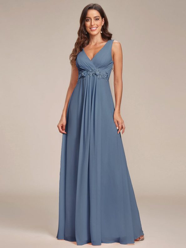 Floral Applique Sleeveless Chiffon Long Formal Evening Dress - Dusty Navy