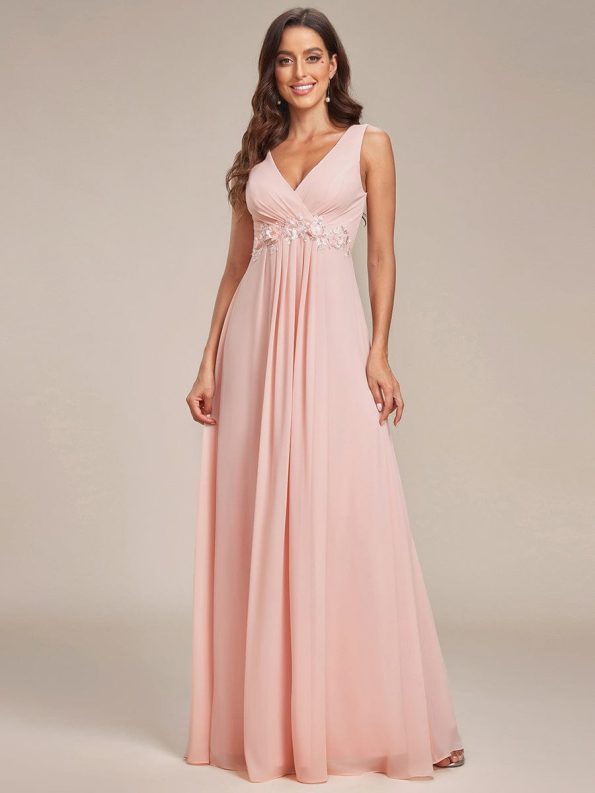 Floral Applique Sleeveless Chiffon Long Formal Evening Dress - Pink