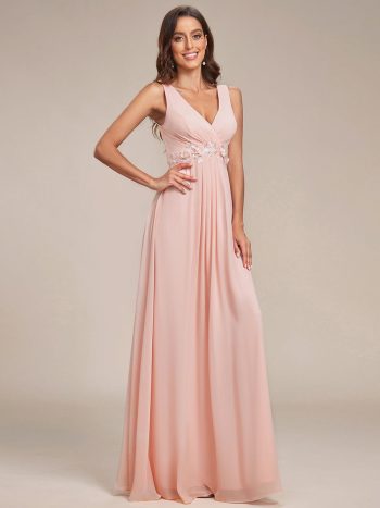 Floral Applique Sleeveless Chiffon Long Formal Evening Dress - Pink