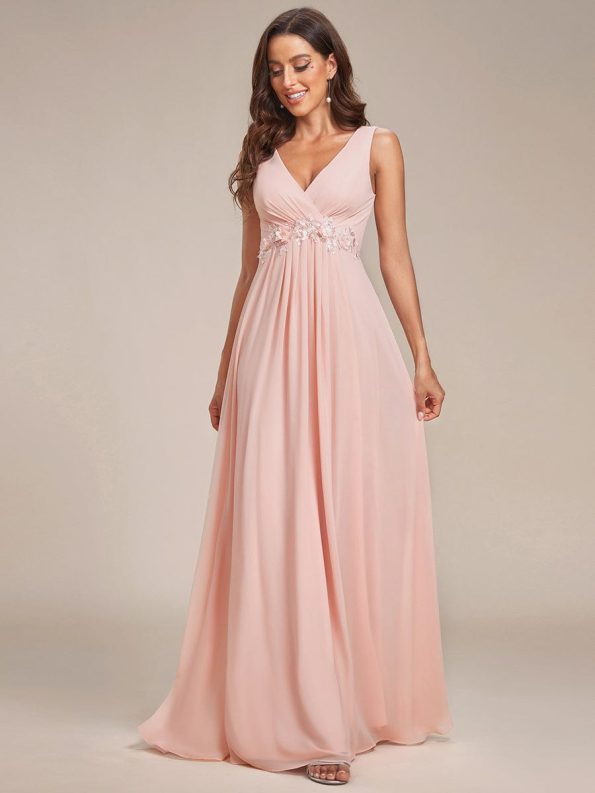 Floral Applique Sleeveless Chiffon Long Formal Evening Dress - Pink