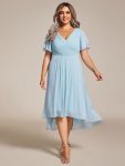 Chic V Neck Asymmetrical Hem Ruffles Sleeve Pleated Chiffon Wedding Guest Dress – Sky Blue