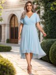 Chic V Neck Asymmetrical Hem Ruffles Sleeve Pleated Chiffon Wedding Guest Dress – Sky Blue