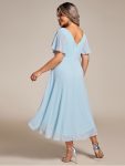 Chic V Neck Asymmetrical Hem Ruffles Sleeve Pleated Chiffon Wedding Guest Dress – Sky Blue