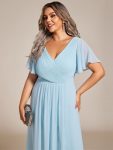 Chic V Neck Asymmetrical Hem Ruffles Sleeve Pleated Chiffon Wedding Guest Dress – Sky Blue