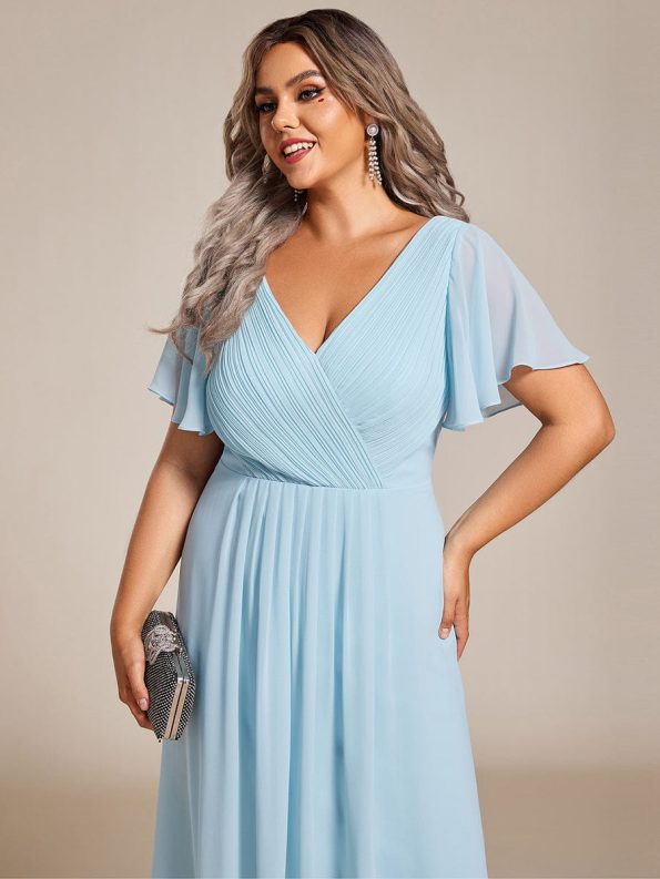 Chic V Neck Asymmetrical Hem Ruffles Sleeve Pleated Chiffon Wedding Guest Dress - Sky Blue