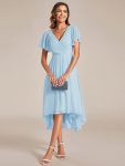 Chic V Neck Asymmetrical Hem Ruffles Sleeve Pleated Chiffon Wedding Guest Dress – Sky Blue