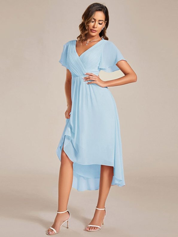 Chic V Neck Asymmetrical Hem Ruffles Sleeve Pleated Chiffon Wedding Guest Dress - Sky Blue