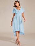 Chic V Neck Asymmetrical Hem Ruffles Sleeve Pleated Chiffon Wedding Guest Dress – Sky Blue