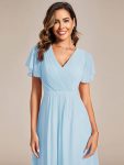 Chic V Neck Asymmetrical Hem Ruffles Sleeve Pleated Chiffon Wedding Guest Dress – Sky Blue