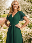 Chic V Neck Asymmetrical Hem Ruffles Sleeve Pleated Chiffon Wedding Guest Dress – Dark Green