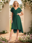 Chic V Neck Asymmetrical Hem Ruffles Sleeve Pleated Chiffon Wedding Guest Dress – Dark Green