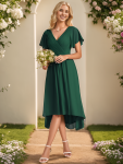 Chic V Neck Asymmetrical Hem Ruffles Sleeve Pleated Chiffon Wedding Guest Dress - Dark Green