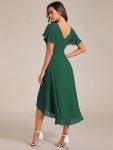 Chic V Neck Asymmetrical Hem Ruffles Sleeve Pleated Chiffon Wedding Guest Dress – Dark Green