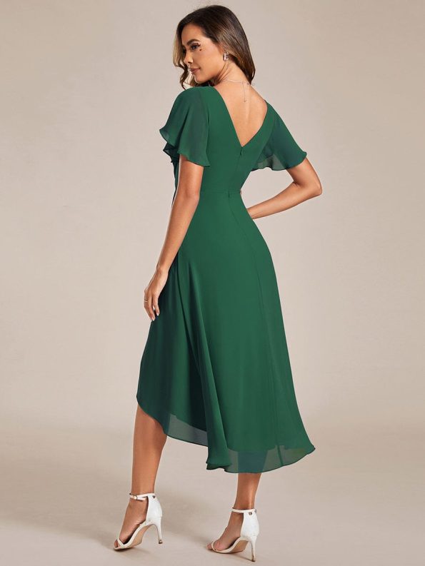 Chic V Neck Asymmetrical Hem Ruffles Sleeve Pleated Chiffon Wedding Guest Dress - Dark Green