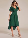 Chic V Neck Asymmetrical Hem Ruffles Sleeve Pleated Chiffon Wedding Guest Dress – Dark Green