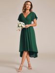 Chic V Neck Asymmetrical Hem Ruffles Sleeve Pleated Chiffon Wedding Guest Dress – Dark Green