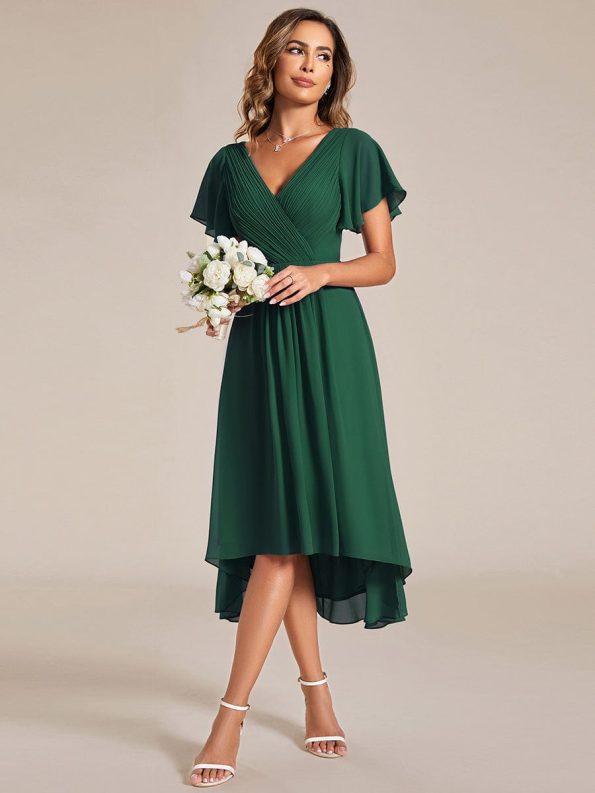 Chic V Neck Asymmetrical Hem Ruffles Sleeve Pleated Chiffon Wedding Guest Dress - Dark Green