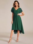 Chic V Neck Asymmetrical Hem Ruffles Sleeve Pleated Chiffon Wedding Guest Dress – Dark Green