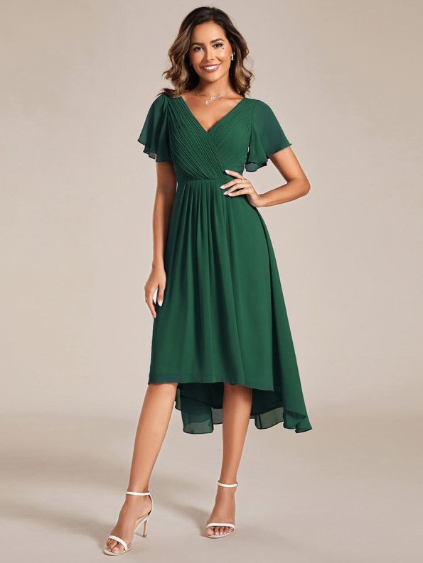 Chic V Neck Asymmetrical Hem Ruffles Sleeve Pleated Chiffon Wedding Guest Dress - Dark Green