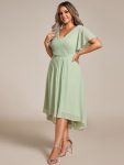 Chic V Neck Asymmetrical Hem Ruffles Sleeve Pleated Chiffon Wedding Guest Dress – Mint Green