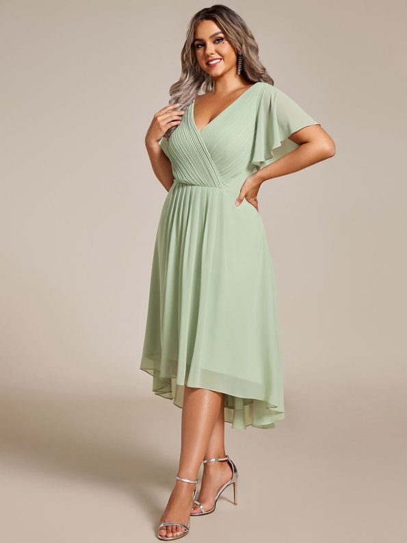 Chic V Neck Asymmetrical Hem Ruffles Sleeve Pleated Chiffon Wedding Guest Dress - Mint Green