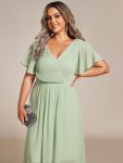 Chic V Neck Asymmetrical Hem Ruffles Sleeve Pleated Chiffon Wedding Guest Dress – Mint Green