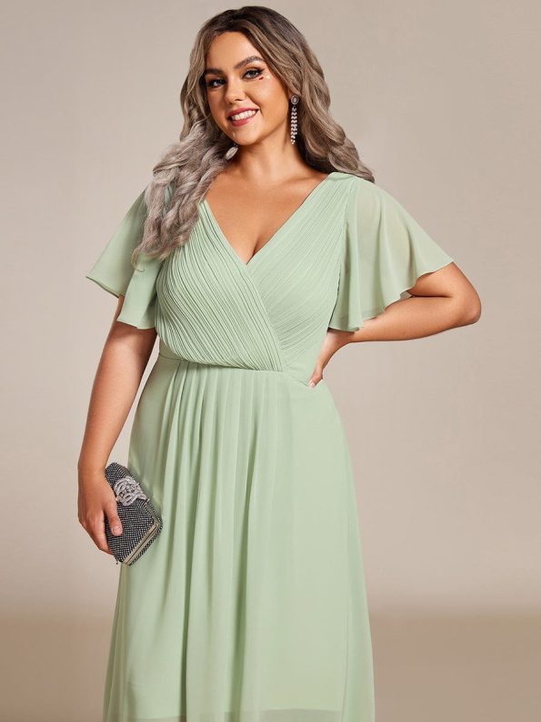 Chic V Neck Asymmetrical Hem Ruffles Sleeve Pleated Chiffon Wedding Guest Dress - Mint Green