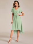 Chic V Neck Asymmetrical Hem Ruffles Sleeve Pleated Chiffon Wedding Guest Dress – Mint Green