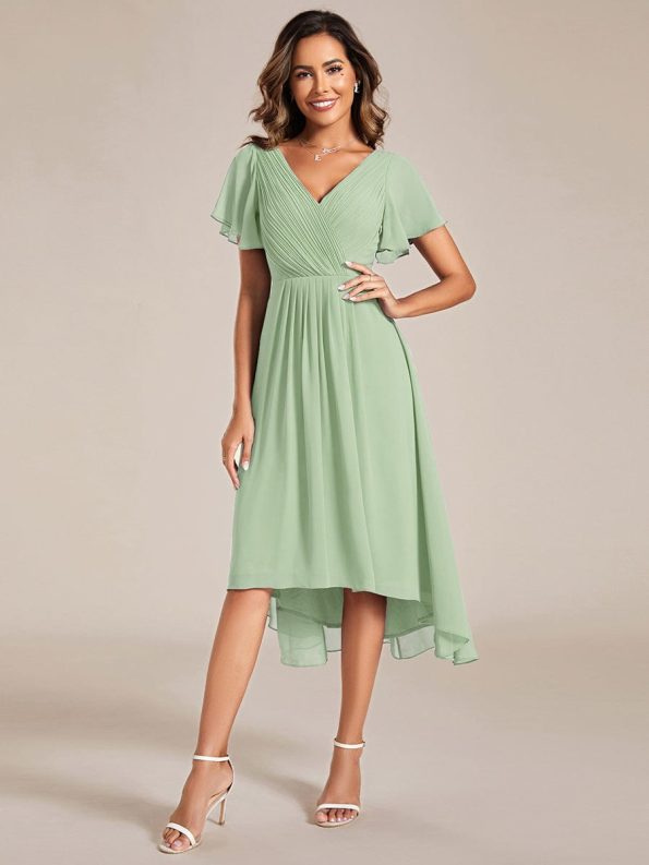 Chic V Neck Asymmetrical Hem Ruffles Sleeve Pleated Chiffon Wedding Guest Dress - Mint Green