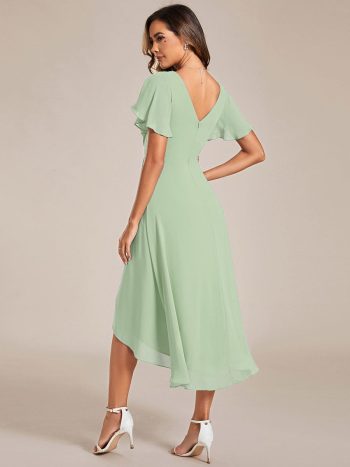 Chic V Neck Asymmetrical Hem Ruffles Sleeve Pleated Chiffon Wedding Guest Dress - Mint Green