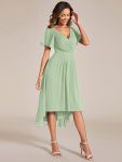 Chic V Neck Asymmetrical Hem Ruffles Sleeve Pleated Chiffon Wedding Guest Dress – Mint Green