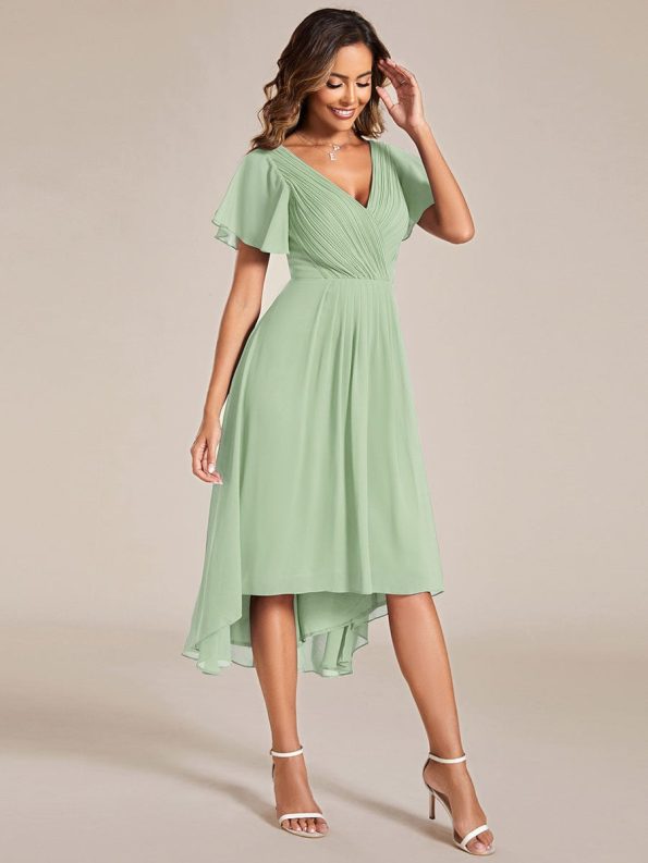 Chic V Neck Asymmetrical Hem Ruffles Sleeve Pleated Chiffon Wedding Guest Dress - Mint Green