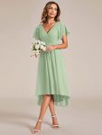 Chic V Neck Asymmetrical Hem Ruffles Sleeve Pleated Chiffon Wedding Guest Dress – Mint Green