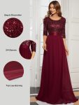 Elegant Round Neckline Long Sleeves Sequin Evening Dress – Burgundy