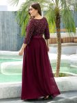 Elegant Round Neckline Long Sleeves Sequin Evening Dress – Burgundy