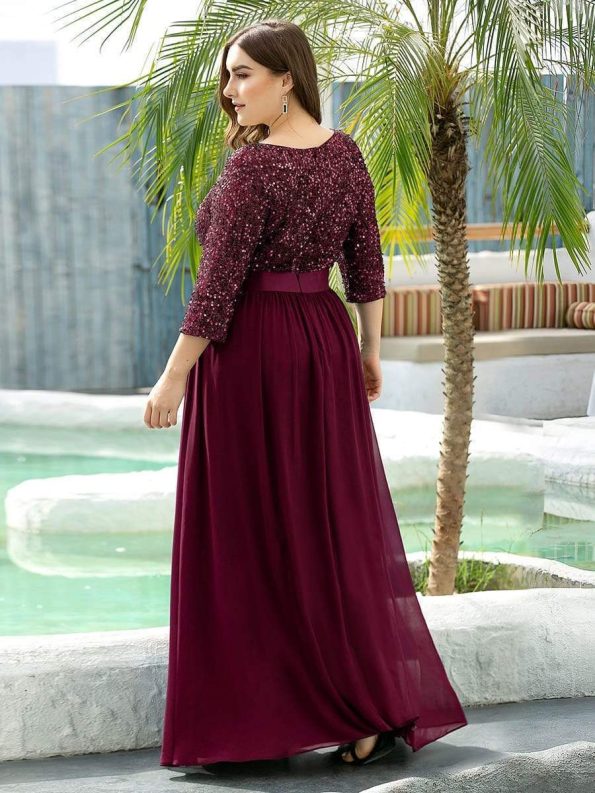 Elegant Round Neckline Long Sleeves Sequin Evening Dress - Burgundy