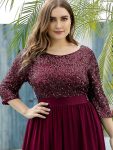 Elegant Round Neckline Long Sleeves Sequin Evening Dress – Burgundy