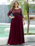 Elegant Round Neckline Long Sleeves Sequin Evening Dress – Burgundy