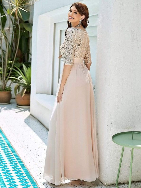 Elegant Round Neckline Long Sleeves Sequin Evening Dress - Blush