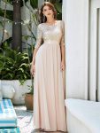 Elegant Round Neckline Long Sleeves Sequin Evening Dress – Blush