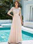 Elegant Round Neckline Long Sleeves Sequin Evening Dress – Blush